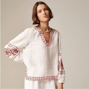 J. Crew White W/ Red Floral Embroidery Linen Blouse XS